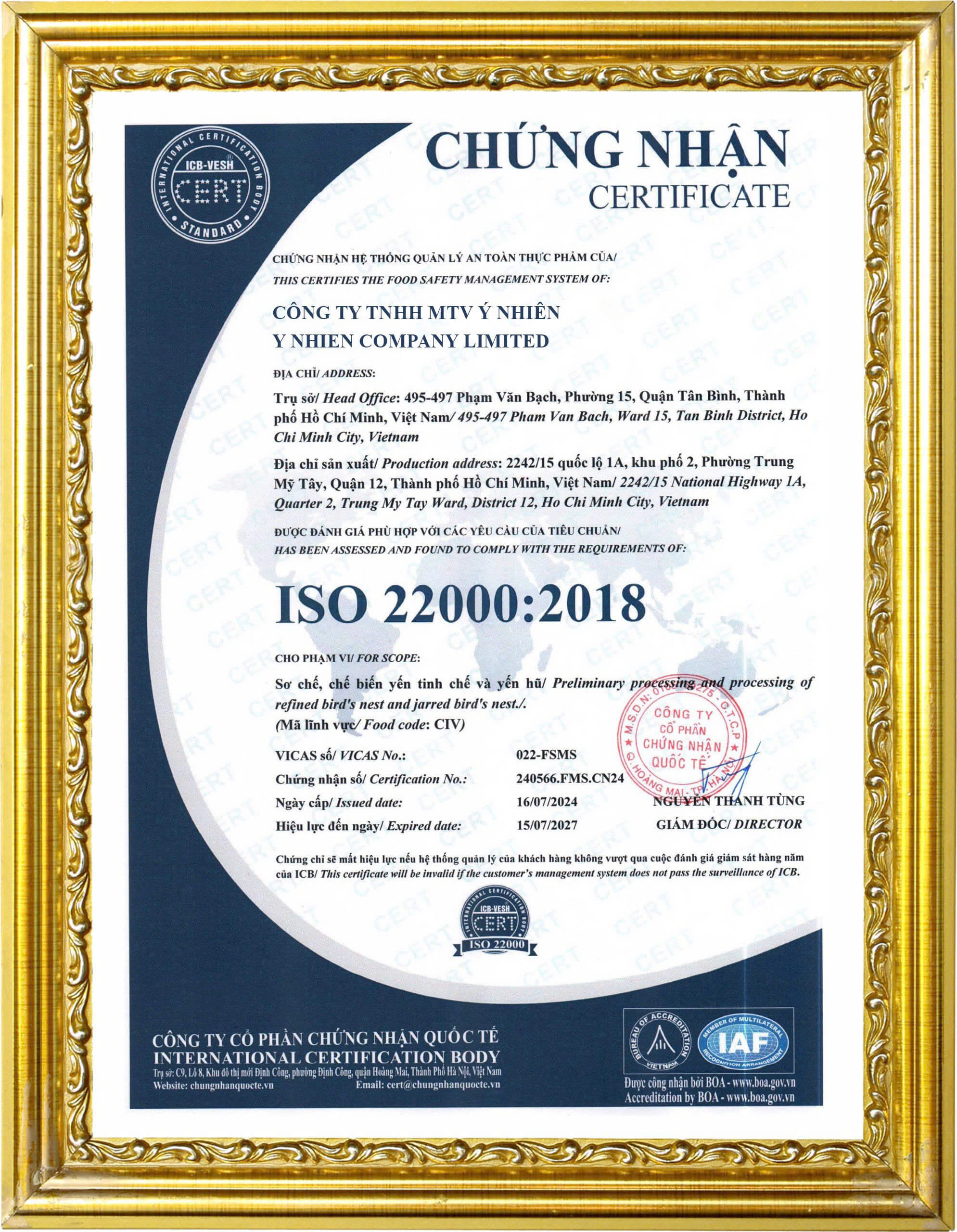 Giấy chứng nhận đạt chuẩn an toàn quốc tế ISO 22000:2018